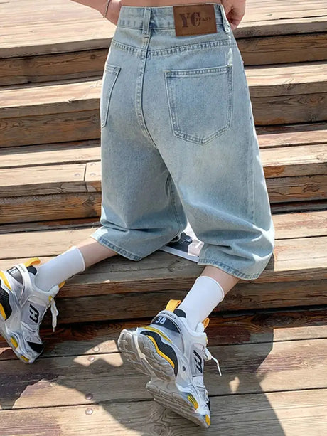 Female Summer American Vintage Baggy Denim Cropped Pants Woman High Waist Washed Wide Leg Jeans Light Blue Loose A Line Shorts - Lootquake