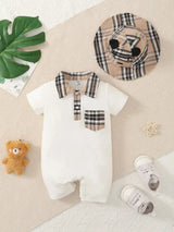 Two-piece baby boy design simple plaid neckline front pocket with plaid hat shorts spring/summer set - Lootquake