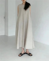 2022 Minimalist Chic Loose Swing Sleeveless Mid-length Casual Cotton Linen Long Dress  Round Neck High Waist Women Runway Dress - Lootquake