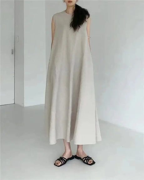 2022 Minimalist Chic Loose Swing Sleeveless Mid-length Casual Cotton Linen Long Dress  Round Neck High Waist Women Runway Dress - Lootquake