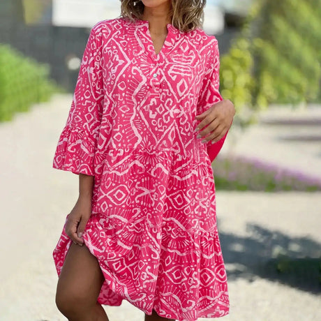Women Floral Print Maxi Dress Fashion Casual V Neck Long Dress Plus Size Summer Boho Dress Ruffle Three Quarter Sleeves Dresses - Lootquake