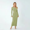 Women Spring Autumn Lace-up Knit Dress Elegant Long Sleeve Crew Neck Ribbed Solid Color Long Dress Streetwear