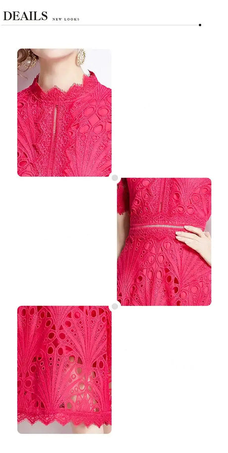 SMTHMA Vintage High-End O-Neck Short Sleeve Lace Hollow Out Dress For Women's Summer Slim Elegant Long Dress Female Clothing - Lootquake