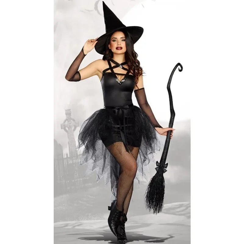 Halloween Gothic Black Witch Costume for Adult Women Purim  Cos Party Wizards Fancy Dress