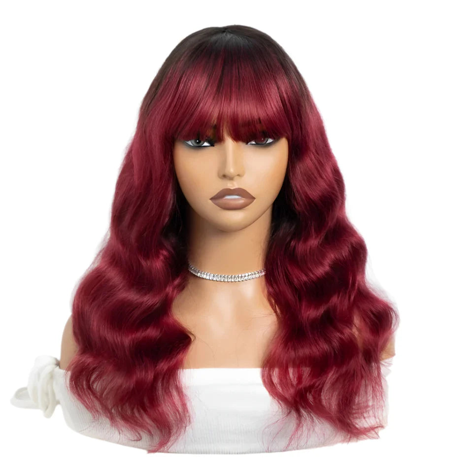 22" Body Wave Wig with Bangs | Full Machine Made Brazilian Virgin Remy Human Hair