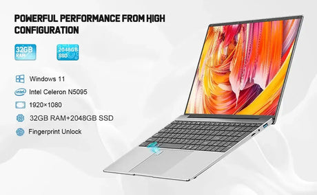 2025 New Laptop 15.6 Inch 32GB Ram DDR4 2TB SSD Windows 11/10 Notebook Pc Gamer Intel N5095 Office Computer Backlit Fingerprint - Lootquake