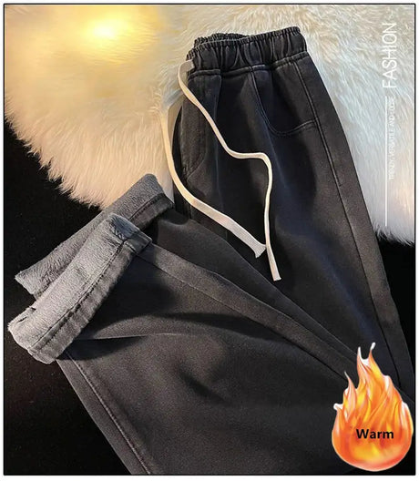 Thicken Velvet Lined Casual Wide Leg Jean  Warm Fashion High Waist Cowboy New Vaqueros  Winter Basic Snow Wear Women Denim Pants - Lootquake
