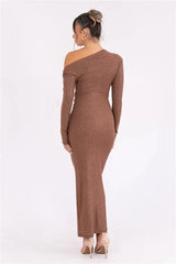 Mozision Sparkle Long Sleeve Sexy Maxi Dress For Women Inclined Shoulder Backless Bodycon Ruched Club Party Sexy Long Dress - Lootquake