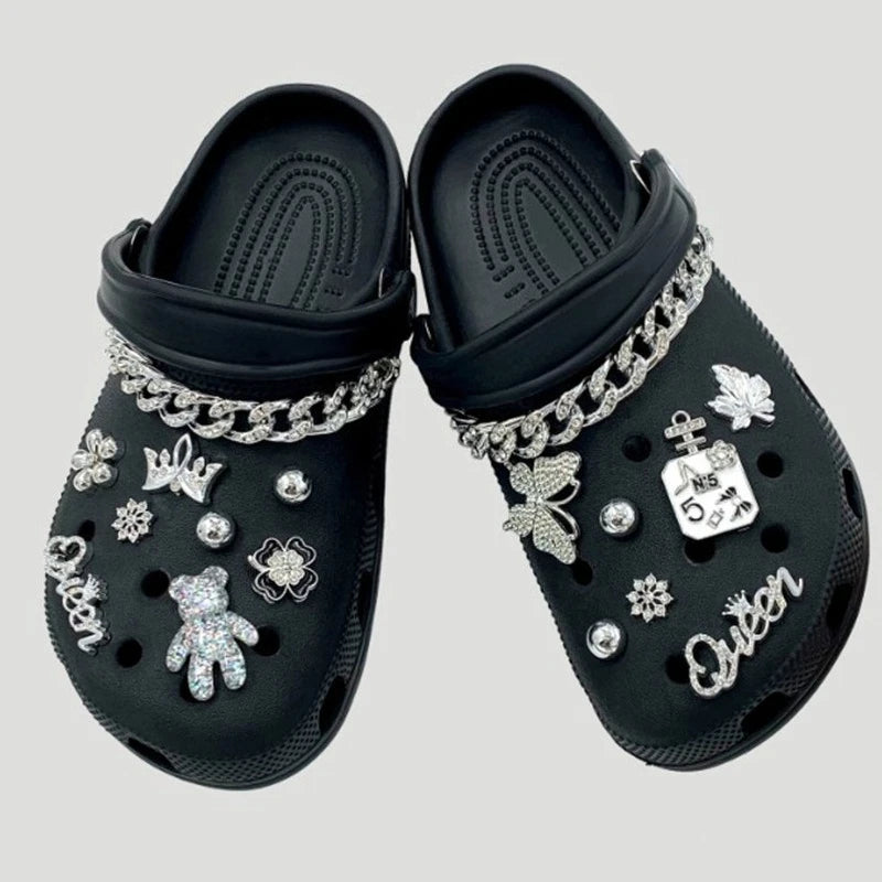 17PCS Fashion Shoe Charms Set Accessories Hole Shoe Buckle Silver Crystal Bear Chain DIY Shoes Decorations Woman Girls Gift