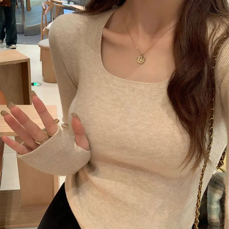 Suéteres de manga larga para mujer, camisetas ajustadas de cuello cuadrado, tops de cuello bajo de alta gama para otoño e invierno, 2025