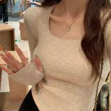 Suéteres de manga larga para mujer, camisetas ajustadas de cuello cuadrado, tops de cuello bajo de alta gama para otoño e invierno, 2025