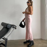 Y2K Chic Women Lace Trim Long Dress 90s Vintage Sexy V Neck Tie Up Backless Bodycon Elegant Lady Club Party Night Cocktail Dress - Lootquake