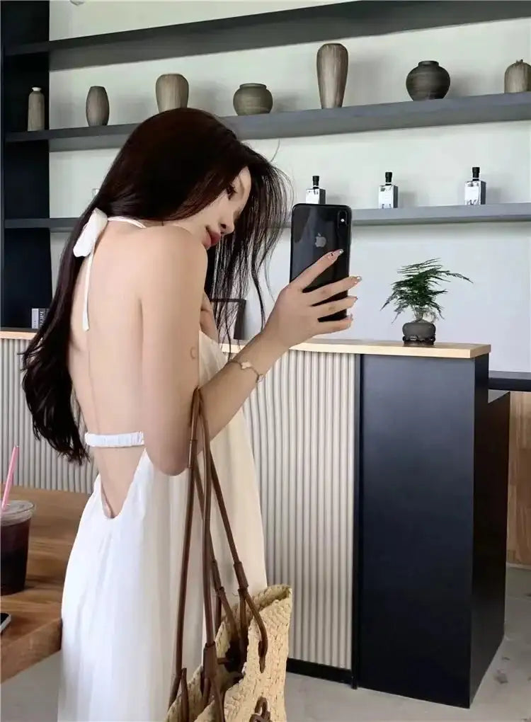 Vestido de vacaciones de verano estilo tailandés con espalda abierta, cuello halter, antiedad, para fotografía, playa, largo, con cinturón