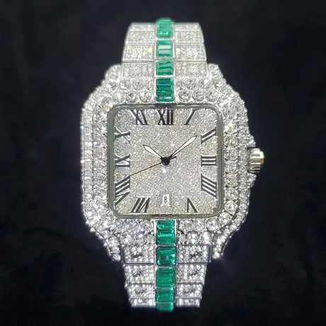Luxury Full Diamond Watch for Men Fashion Green Iced Out Bling Square Watches Hip Hop Rap Jewelry Relogio Masculino Dropshipping - Lootquake
