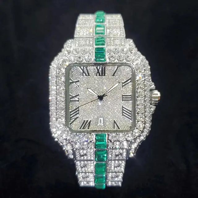 Luxury Full Diamond Watch for Men Fashion Green Iced Out Bling Square Watches Hip Hop Rap Jewelry Relogio Masculino Dropshipping - Lootquake