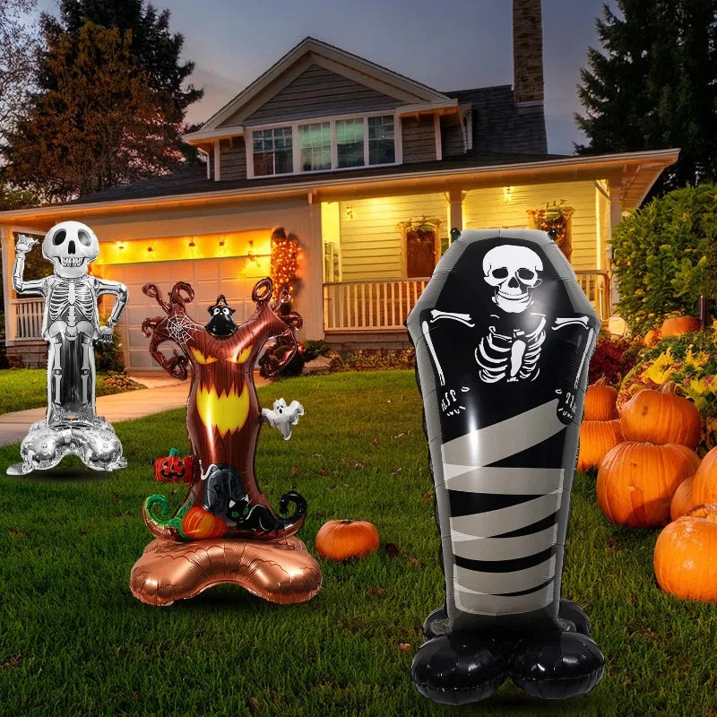 Halloween Decor Giant Standing 3D Foil Balloon Witch Pumpkin Tombstone Mummy with Base Haunted House Yard Displays Party Prop