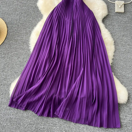 SINGREINY Sexy Halter Pleated Dress Women Summer Hollow Out Cross Lace Up Zipper Design Sleeveless Backless Elegant Long Dress - Lootquake