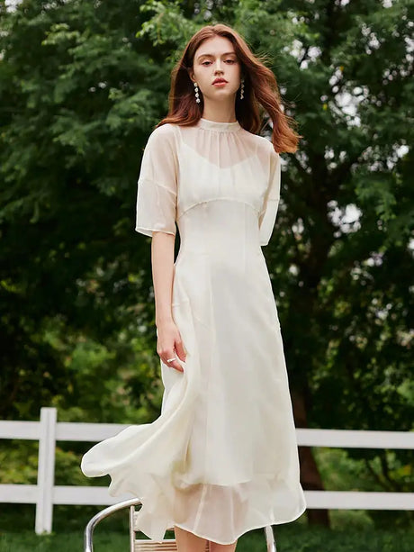 FSLE Women Long Dress Summer Temperament Two Piece Beige Dress Lyocell Short Sleeve Dress+Sleeveless Vest Dress Suit 24FS12929 - Lootquake