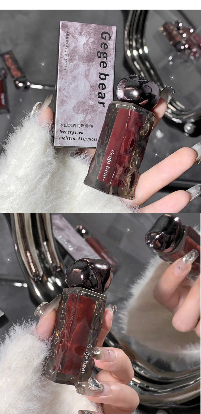 Rouge à lèvres liquide violet foncé, léger, longue tenue, transparent, hydratant, effet miroir, rose pêche, antiadhésif