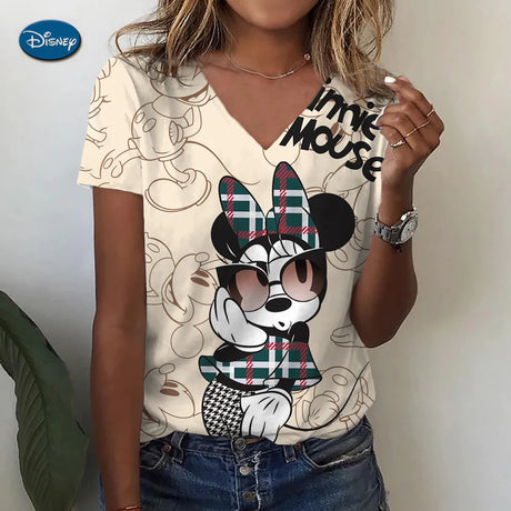 Women's T-shirts Disney Mickey Mouse 3D print New V-neck Short Sleeve Summer Casual Women's Clothing Harajuku Y2K Hip Hop Clothe - Lootquake