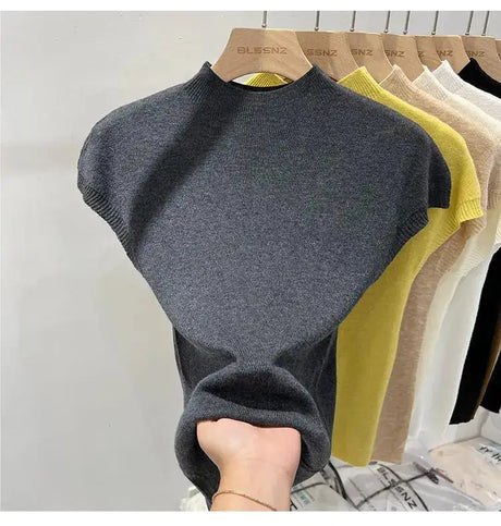 Half High Collar T-shirts Flying Sleeve Design Slim Knitted Sleeveless Top Women Simple Comfortable White T-shirts Summer 2025 - Lootquake