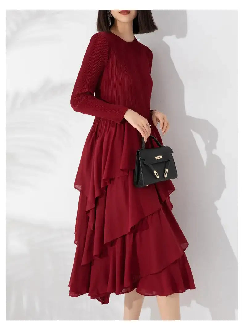 LANMREM Elegant Pleated Long Dress For Women Round Neck Long Sleeves Ruffles A-line Dresses Fashion 2025 Spring New 32C2026 - Lootquake
