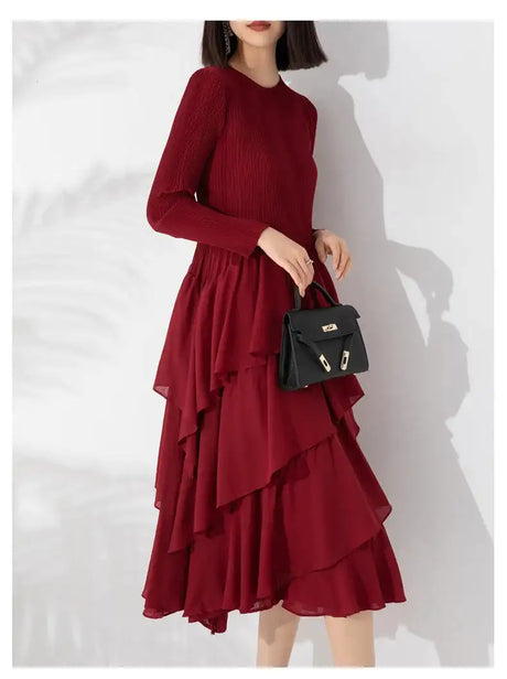 LANMREM Elegant Pleated Long Dress For Women Round Neck Long Sleeves Ruffles A-line Dresses Fashion 2025 Spring New 32C2026 - Lootquake