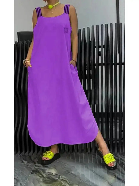Summer Fashion Solid Cotton Linen Dresses Women Sexy Square Neck Sleeveless Suspender Slit Long Dress Casual Loose Dress Woman - Lootquake