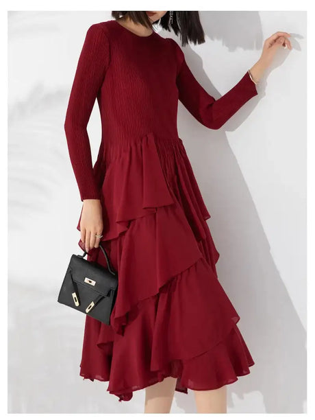 LANMREM Elegant Pleated Long Dress For Women Round Neck Long Sleeves Ruffles A-line Dresses Fashion 2025 Spring New 32C2026 - Lootquake