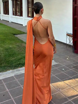 Elegant Satin Halter Slim Long Dress With Scarf Women New Sexy Backless Sleeveless Maxi Dresses Summer Lady Party Chic Vestidos - Lootquake