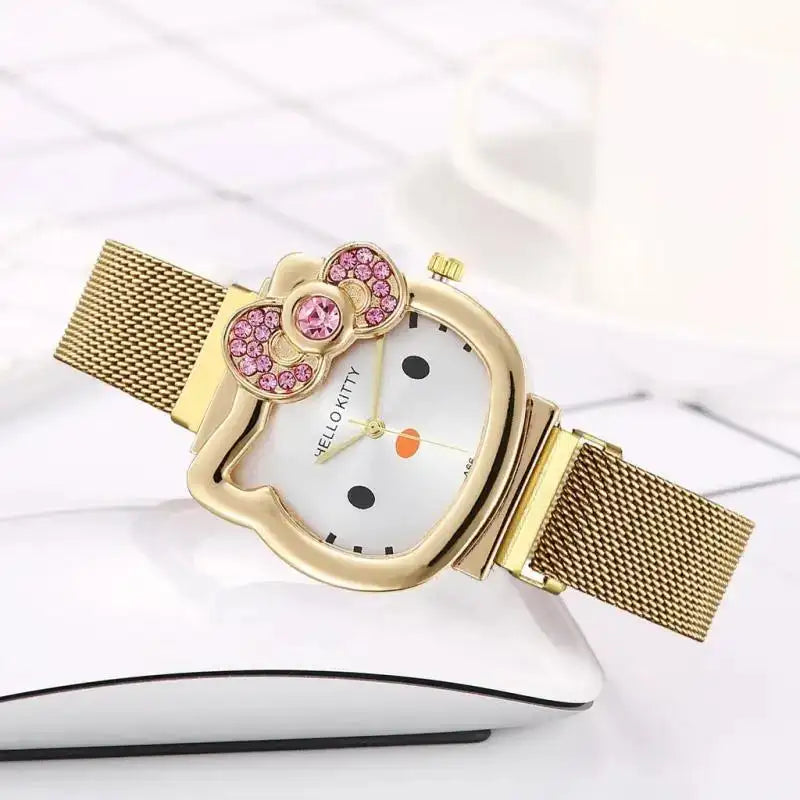 Hello Kitty Diamond  Watch Cat Bow Kawaii Pink Ladies Gold Sliver Metal Jewelry Cartoon Magnetic Watch Girlfriend Birthday - Lootquake
