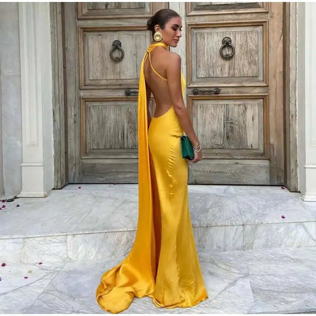 Elegant Satin Halter Slim Long Dress With Scarf Women New Sexy Backless Sleeveless Maxi Dresses Summer Lady Party Chic Vestidos - Lootquake