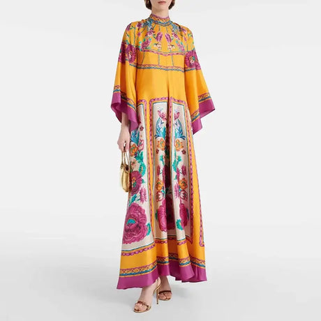 Ethnic Retro Spring Print Boho Long Dress Women Sexy Stand Collar Lace-up Party Dress Fall Long Sleeve Loose Ladies Maxi Dresses - Lootquake