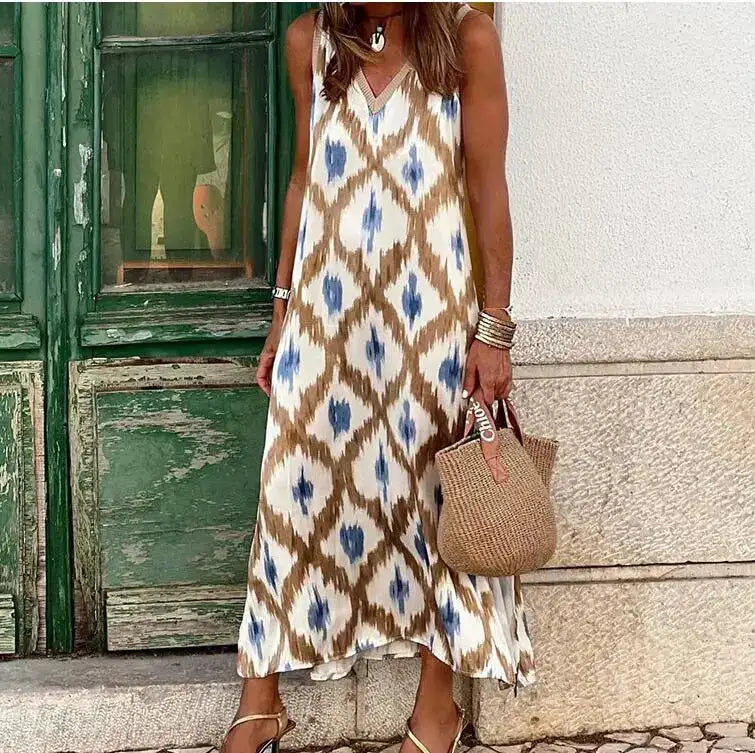 Women Fashion V Neck Holiday Beach Dress Spring Retro Pattern Print A-Line Long Dress Summer Sleeveless Tank Boho Party Dresses - Lootquake