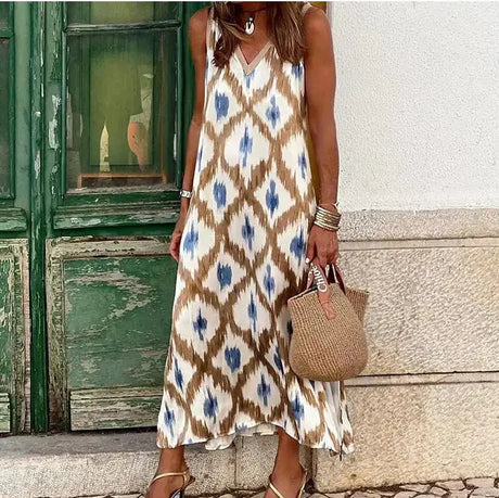 Women Fashion V Neck Holiday Beach Dress Spring Retro Pattern Print A-Line Long Dress Summer Sleeveless Tank Boho Party Dresses - Lootquake