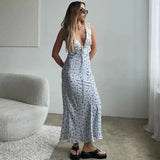 Y2K Chic Women Lace Trim Long Dress 90s Vintage Sexy V Neck Tie Up Backless Bodycon Elegant Lady Club Party Night Cocktail Dress - Lootquake