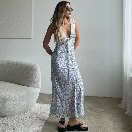 Y2K Chic Women Lace Trim Long Dress 90s Vintage Sexy V Neck Tie Up Backless Bodycon Elegant Lady Club Party Night Cocktail Dress - Lootquake
