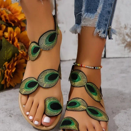 Yellow Embroidered Faux Flower Fashion Sandals Flat Plus Size 43 Summer Outdoor Beach Shoes Travel Mom Shoes - Lootquake