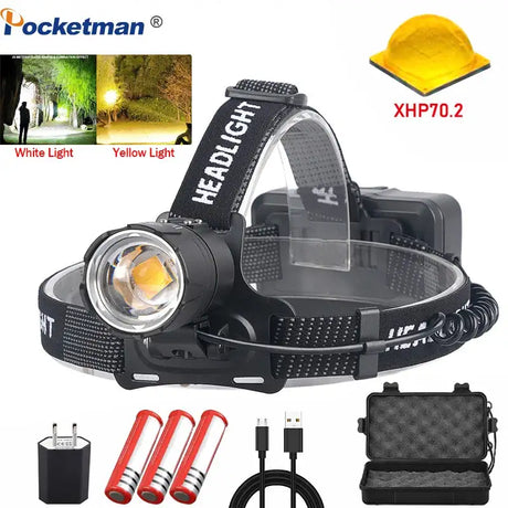 XHP70.2 Use 3*18650 batteries Led Headlamp XHP70 Most Powerful Yellow or White Led Headlight Fishing Camping ZOOM Torch - Lootquake