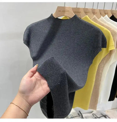 Half High Collar T-shirts Flying Sleeve Design Slim Knitted Sleeveless Top Women Simple Comfortable White T-shirts Summer 2025 - Lootquake