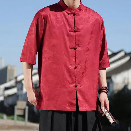 Plus Size Summer Mens Chinese Shirt Ice Silk Vintage Shirt Tang Suit Hanfu Tops Male Vintage Clothing Stand Collar Loose Shirts - Lootquake