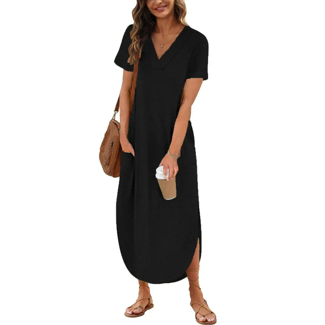 Summer New Women Elegant Solid Color Dress Short Sleeve V-Neck Cotton Linen Comfortable Loose Pocket Ladies Long Dress Vestidos - Lootquake