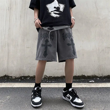 National tide dark cross print casual shorts men's loose hiphop American street hip-hop style five-point pants y2k shorts men - Lootquake