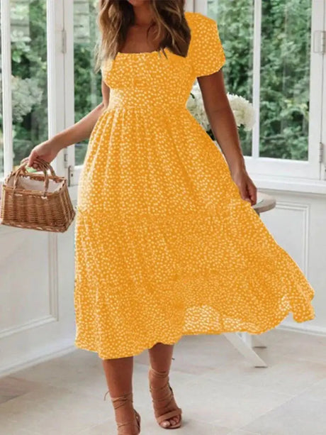 Summer Women Beach Sweet Dresses Vintage Vintage Print Puff Sleeve Casual Square Collar Floral Maxi Long Dress Festa Vestidos - Lootquake