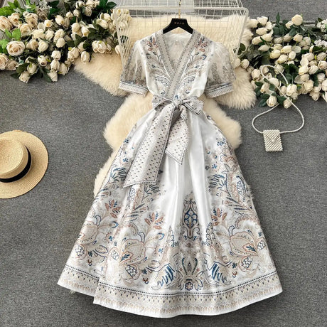 Summer Bohemian Paisley Print Long Dress Women V-Neck Short Puff Sleeve Vintage Print Bandage Lace Up Robe Vestidos Clothes 6237 - Lootquake