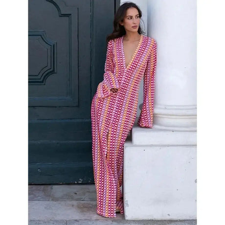 Striped Hooked Crochet Knit Long Dress Women Autumn Long Sleeve A Line Vestidos Female Vintage Commuter Slim Dresses - Lootquake