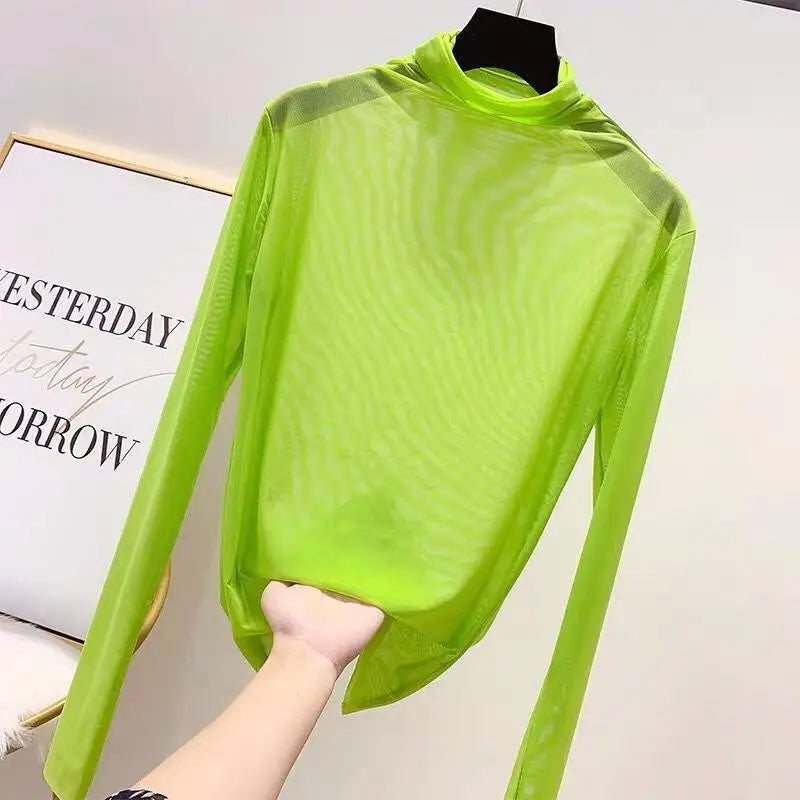 Camisa neón para mujer, de manga larga, con cuello alto, transparente, de malla amarilla dorada, sexy, para fiesta, club, ropa de calle, camisetas de hip hop