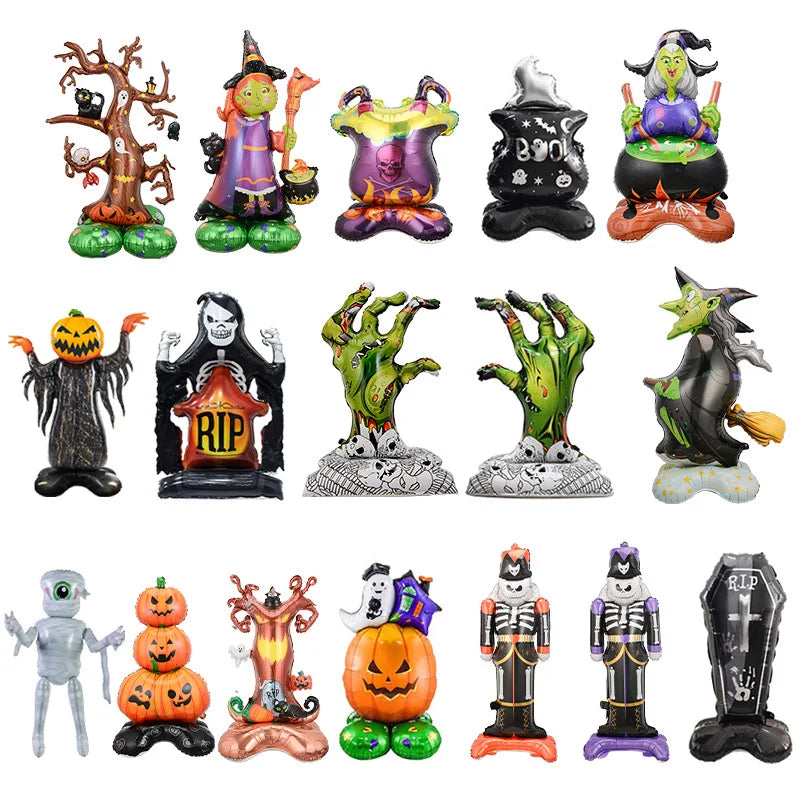 Halloween Decor Giant Standing 3D Foil Balloon Witch Pumpkin Tombstone Mummy with Base Haunted House Yard Displays Party Prop