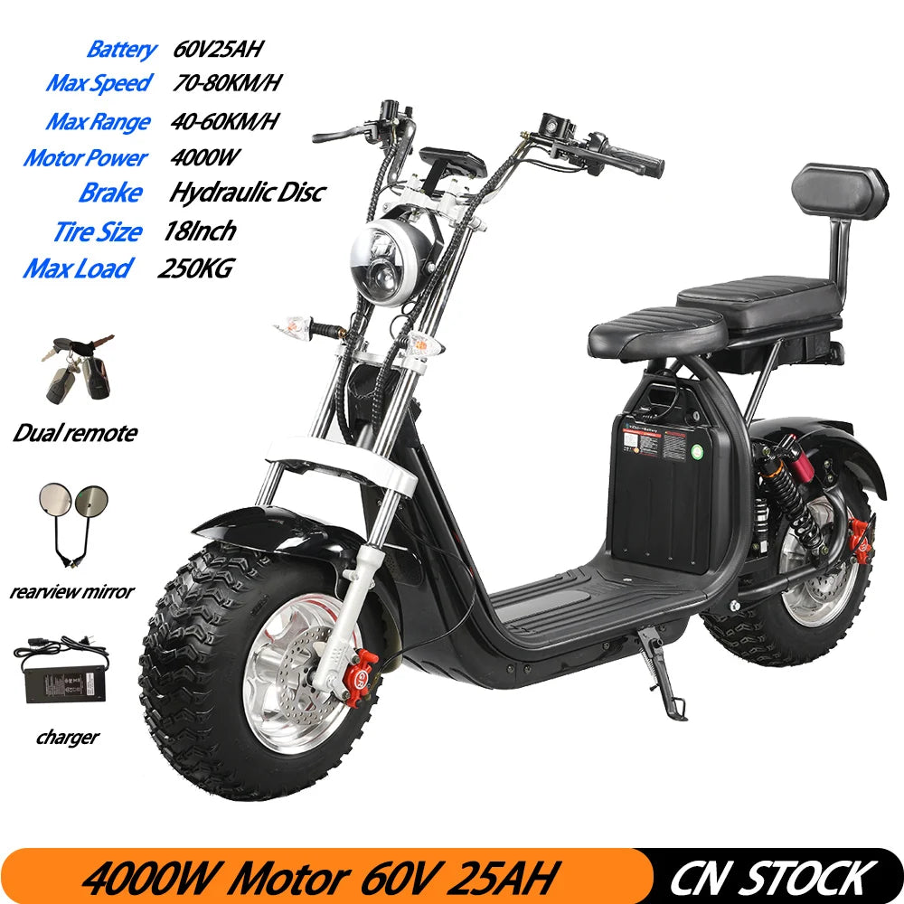 60V25AH 4000W Motor Citycoco Electric Scooter 18 Inch Snowfield Off-road Tire Max Speed 60-70KM/H Max Load 250KG USA STOCK
