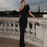 BWQ Black Sleeveless One Shoulder Feather Maxi Dress For Women Bodycon Sexy Party Elegant Long Dress Birthday Evening Outfit - Lootquake